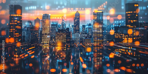 Night cityscape with illuminated skyscrapers, digital data overlay, and vibrant orange light bokeh effects. © khonkangrua