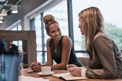 Картината върху платно Women, together or paper in coffee shop for meeting with opportunity, recruiter with question for candidate