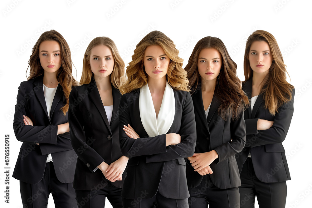 Group of young women wearing black and white business suits isolated on transparent background Group of young women wearing black and white business suits isolated on transparent background