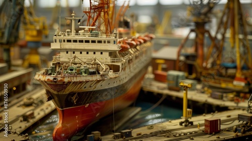 Shipyard Scene: A ship model shown in a shipyard setting, illustrating the building or repair process. Generative AI © Hokmiran
