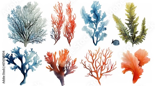 Vintage watercolor Different seaweed and corals on white background