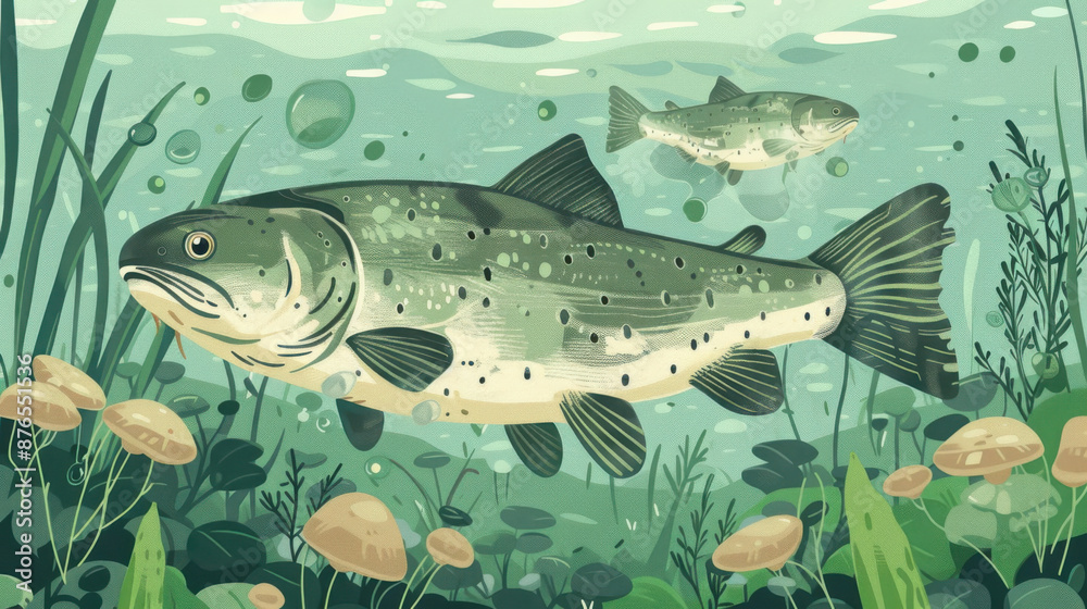 Naklejka premium Trout fish swims through a vibrant underwater landscape, surrounded by aquatic plants and bubbles, in a freshwater habitat.