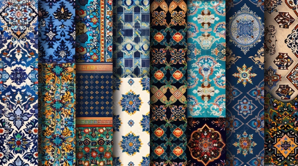 Vertical and horizontal banners featuring traditional Persian mosaic patterns including geometric and floral designs from Iran Background collection showcasing ceramic tiles with space for Vertical and horizontal banners featuring traditional Persian mosaic patterns including geometric and floral designs from Iran Background collection showcasing ceramic tiles with space for