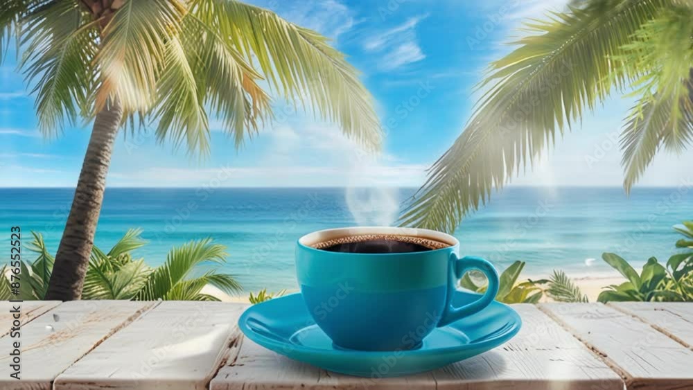 a cup of coffee with a beautiful beach view. seamless looping 4k video a cup of coffee with a beautiful beach view. seamless looping 4k video