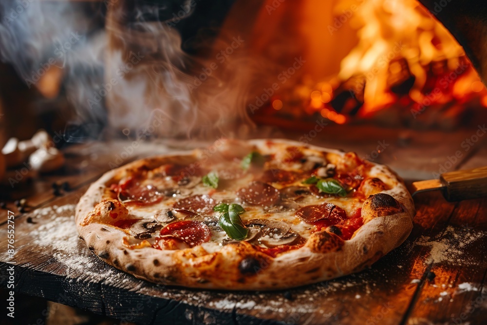 Beautiful and delicious pizza coming out of the oven, fresh and hot. Perfect for themes of food, cooking, and Italian cuisine Beautiful and delicious pizza coming out of the oven, fresh and hot. Perfect for themes of food, cooking, and Italian cuisine