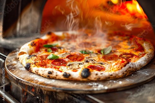 Beautiful and delicious pizza coming out of the oven, fresh and hot. Perfect for themes of food, cooking, and Italian cuisine photo