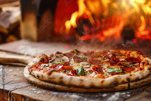 Beautiful and delicious pizza coming out of the oven, fresh and hot. Perfect for themes of food, cooking, and Italian cuisine photo