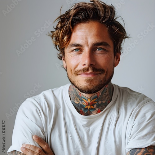 Smiling Caucasian man with neck tattoos and white t-shirt in a relaxed portrait