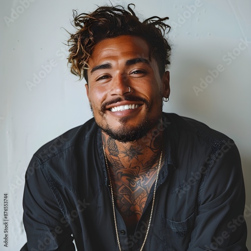 Handsome Hispanic Male Influencer with Trendy Tattoos and Bright Smile
