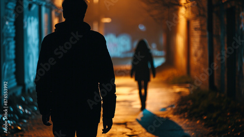 Man following woman in dark street, night, stalking, crime, mugger, scary worry violence, city danger silhouette life footsteps two people girl man, afraid.