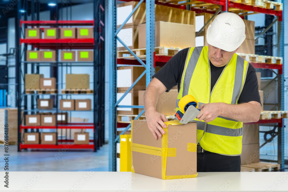 Man packer works in warehouse. Process of packing parcel. Packer seals crust with tape. Storekeeper packs online order. Packer uses tape dispenser. Man contractor for storage company Man packer works in warehouse. Process of packing parcel. Packer seals crust with tape. Storekeeper packs online order. Packer uses tape dispenser. Man contractor for storage company