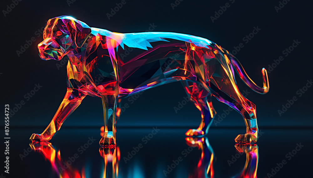 Futuristic digital artwork of a dog made of multicolored geometric shapes, standing on a reflective surface, with a dark background. Futuristic digital artwork of a dog made of multicolored geometric shapes, standing on a reflective surface, with a dark background.