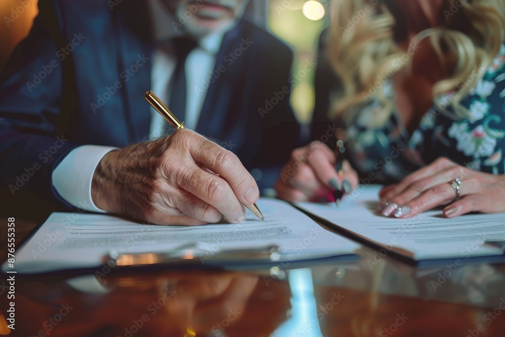 A man and a woman are signing papers. The man is writing with a pen and the woman is writing with a pencil A man and a woman are signing papers. The man is writing with a pen and the woman is writing with a pencil