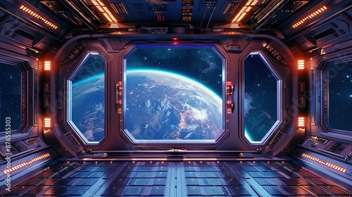 The image depicts the interior of a futuristic spacecraft with a wide, panoramic view through large, hexagonal windows. The spacecraft's interior is adorned with advanced control panels and glowing li