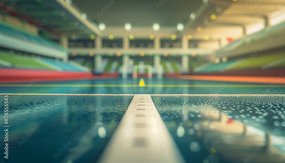 Indoor athletic track with lane markers, brightly lit, focused on the starting line, blurred background of the stadium. Indoor athletic track with lane markers, brightly lit, focused on the starting line, blurred background of the stadium.