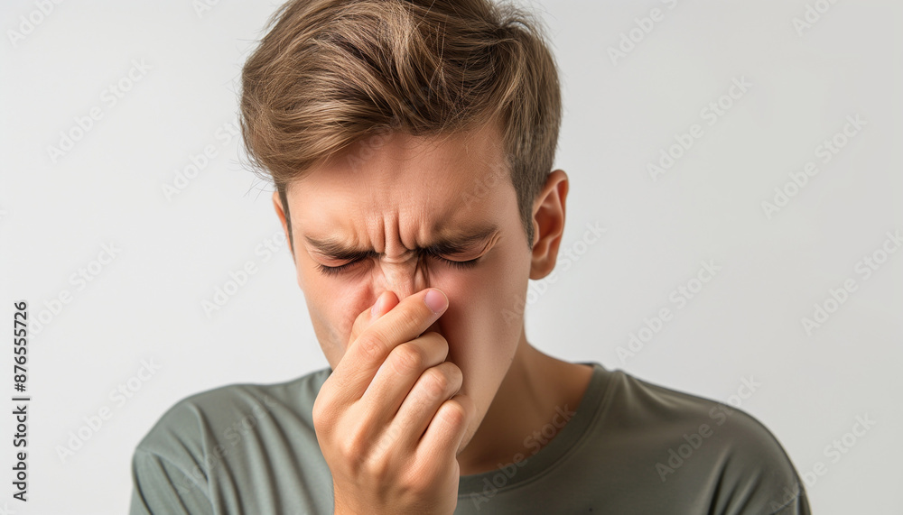 Young man pinching his nose with a disgusted expression, wearing a green shirt, isolated on a white background. Young man pinching his nose with a disgusted expression, wearing a green shirt, isolated on a white background.