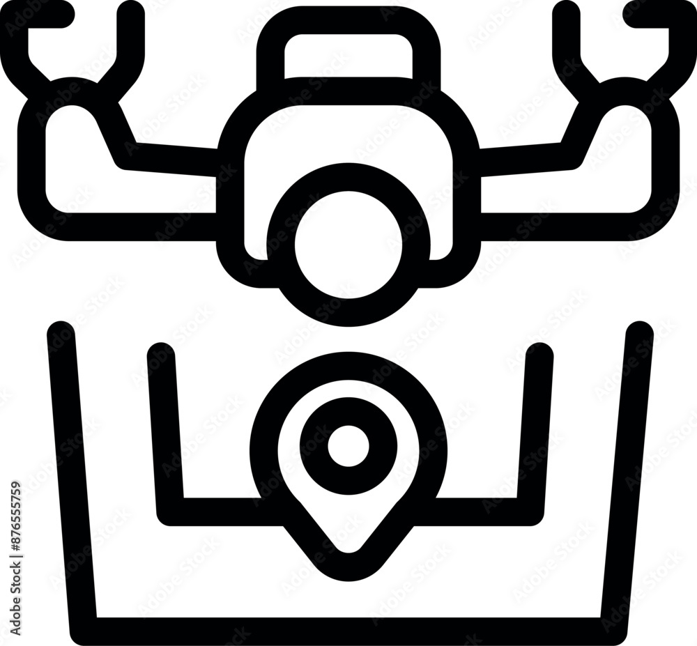 Line icon of a drone hovering over a map with a location pin, representing drone navigation and location tracking