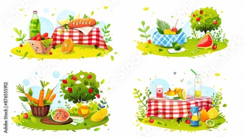 This image captures a charming outdoor picnic scene featuring diverse food items and beverages on checkered tablecloths set among trees and lush green surroundings.