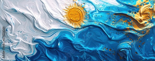 Vibrant artwork featuring fluid acrylic painting with Argentina flag colors and an abstract sun design in rich blue and yellow hues.