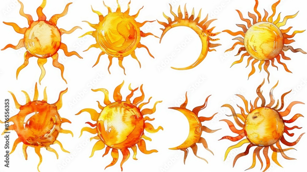 A vibrant and diverse collection of watercolor sun and moon, showcasing various styles and shapes in bright orange and yellow hues, perfect for decorative purposes.