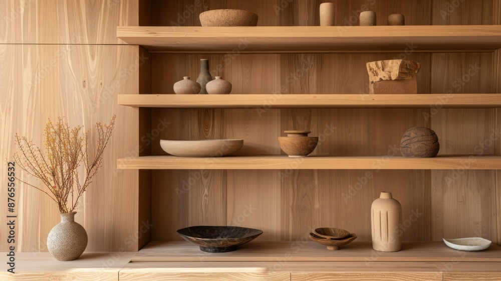 Minimalist wooden shelves display earthy toned ceramic decor pieces, exuding a natural and serene atmosphere. The arrangement is simplistic, showcasing modern elegance. Minimalist wooden shelves display earthy toned ceramic decor pieces, exuding a natural and serene atmosphere. The arrangement is simplistic, showcasing modern elegance.