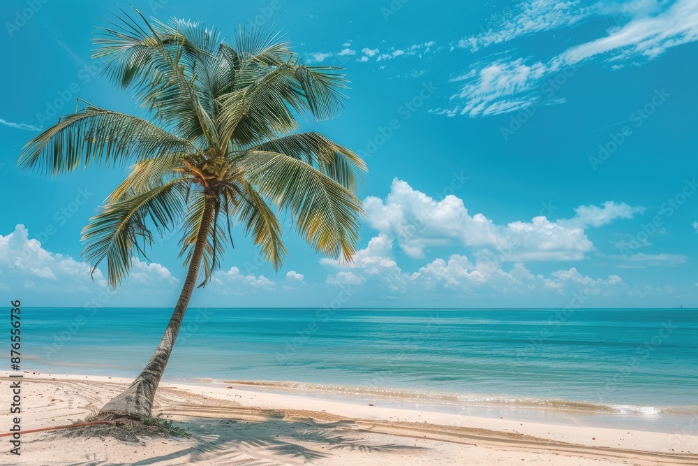 Obraz premium A palm tree is standing on a beach with a clear blue sky above it. The scene is peaceful and serene, with the palm tree providing a sense of calm and relaxation. The beach itself is a beautiful