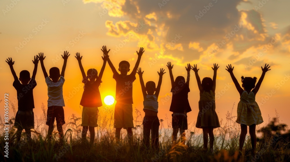 An inspiring image of a group of kids with raised hands enjoying the beautiful sunset view, symbolizing unity, joy, and innocence in a serene natural environment. An inspiring image of a group of kids with raised hands enjoying the beautiful sunset view, symbolizing unity, joy, and innocence in a serene natural environment.