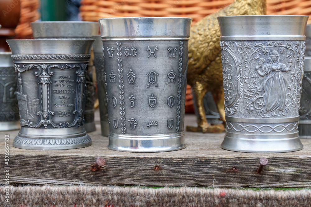 Europe, Romania. Pewter drinking cups. Europe, Romania. Pewter drinking cups.