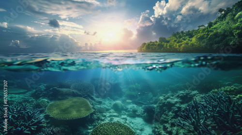 Fototapeta Naklejka Na Ścianę i Meble -  World Sea Day, Illustrate the role of healthy oceans in maintaining global biodiversity and climate stability by contributing to conservation efforts