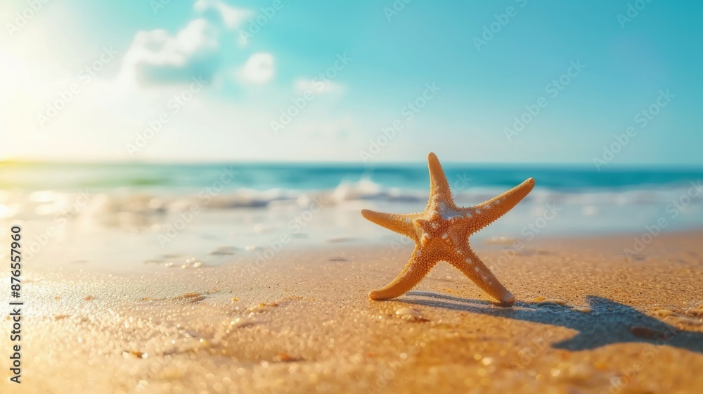 A starfish perched on wet sand against the foreground of a bright, clear sky and calm ocean waves, embodying a peaceful and idyllic coastal view. A starfish perched on wet sand against the foreground of a bright, clear sky and calm ocean waves, embodying a peaceful and idyllic coastal view.