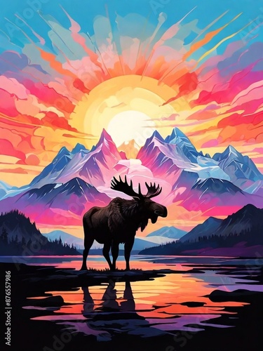 high quality, In the serene style of Alaskan scenery sunrise gracing the silhouette of Mountains harmonized with the gentle allure of native totem poles the delicate beauty of the landscap.