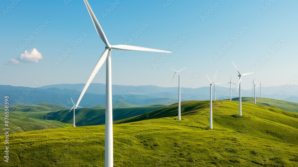Wind turbines spinning in a green field under a clear blue sky representing the shift towards wind energy as a sustainable alternative to fossil fuels for a cleaner environment. Background Wind turbines spinning in a green field under a clear blue sky representing the shift towards wind energy as a sustainable alternative to fossil fuels for a cleaner environment. Background