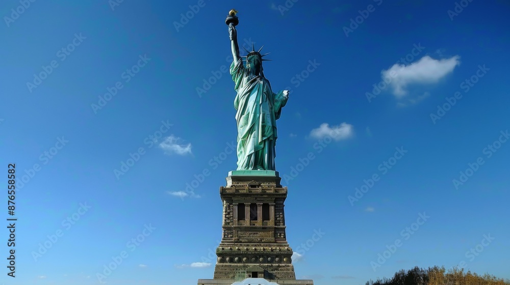 Obraz premium A stunning real-life photograph of the Statue of Liberty standing tall against a clear blue sky, capturing the monument’s grandeur and its detailed architectural elements.