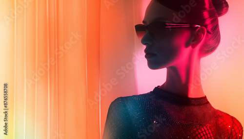 A stylish woman in sunglasses and a glittery outfit, set against a colorful, gradient background.