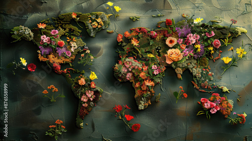 a map of the world from which flowers grow