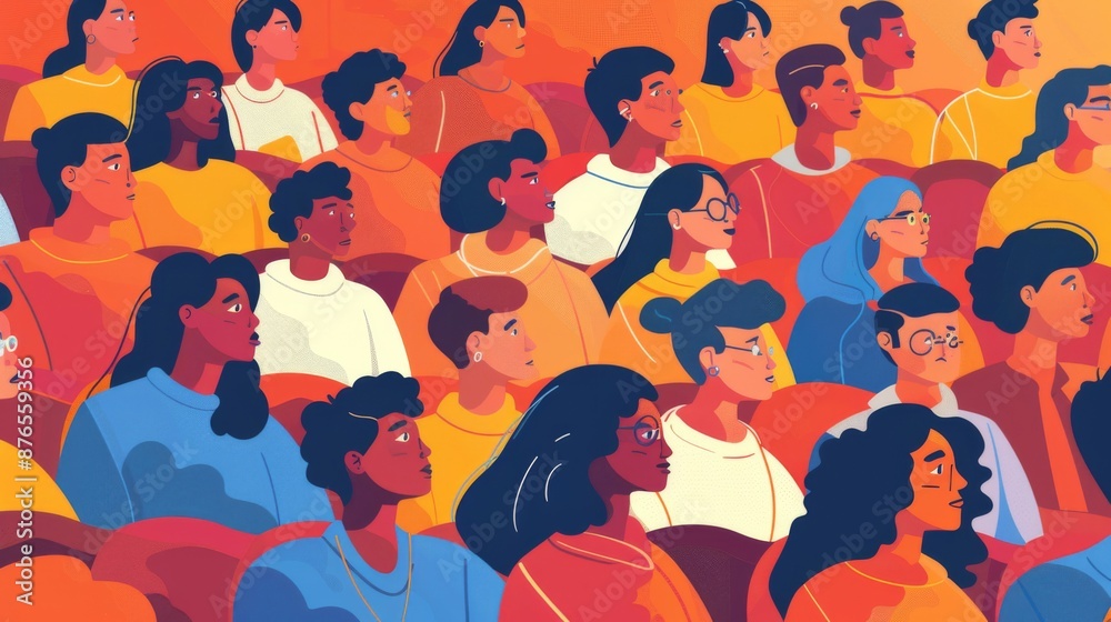 An illustration featuring a diverse and colorful audience seated in a theatre hall, drawn in a stylized and vibrant art style representing community and engagement. An illustration featuring a diverse and colorful audience seated in a theatre hall, drawn in a stylized and vibrant art style representing community and engagement.