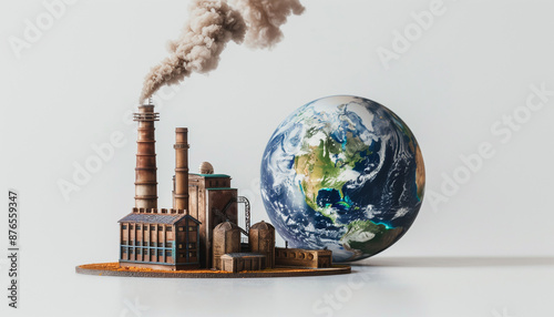 A factory emitting smoke beside a globe, symbolizing industrial impact on the environment, set against a plain background.