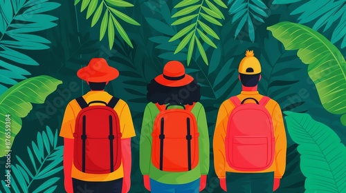 Ecotourism represented by tourists exploring a nature reserve responsibly highlighting sustainable travel practices that support environmental conservation. Background Illustration, Bright color photo