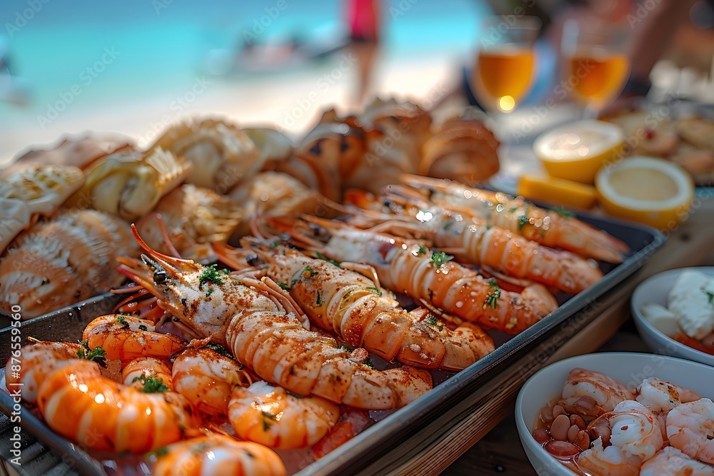 Good, delicious-looking seafood is beautifully arranged on wooden tables on the beach. Can be used to attract tourists Promote seaside restaurants food products Catering services or travel packages Good, delicious-looking seafood is beautifully arranged on wooden tables on the beach. Can be used to attract tourists Promote seaside restaurants food products Catering services or travel packages