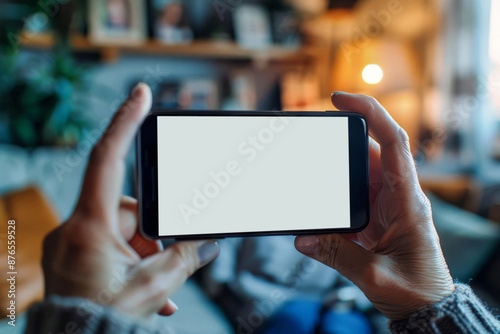 Focus on a video chat with grandparents on a smartphone screen, blurred background shows a warmly lit living room with family photos on the wall photo