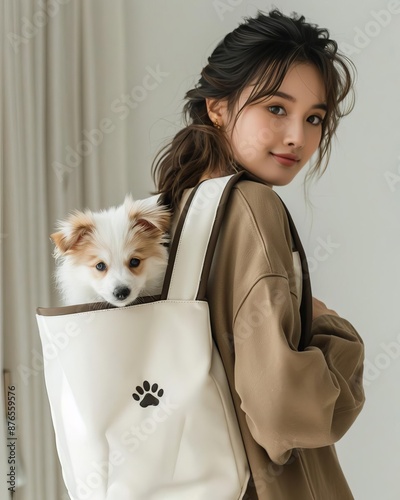 Pet Carrier A young Asian woman carries a small dog peeking out of a plain white canvas tote bag designed specifically for pet transport The bag features a cute paw print design
