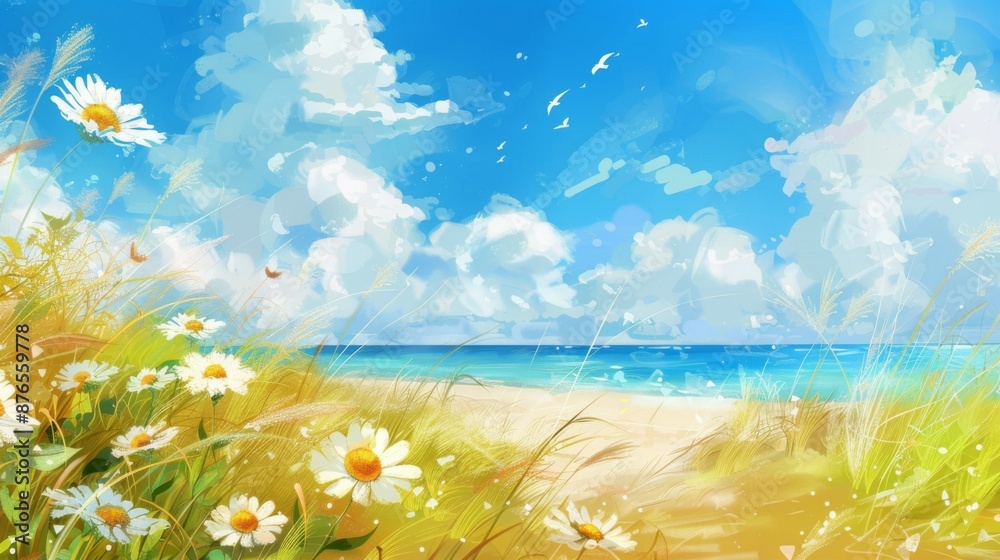 Obraz premium A picturesque beach scene with white flowers in foreground, golden sand, and bright blue sky with playful clouds, capturing the essence of a sunny, peaceful day by the sea.
