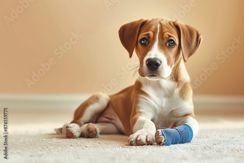 cute little dog with a splint on his paw. hurt dog fractured dog leg. vet. blue dog ferula. White background