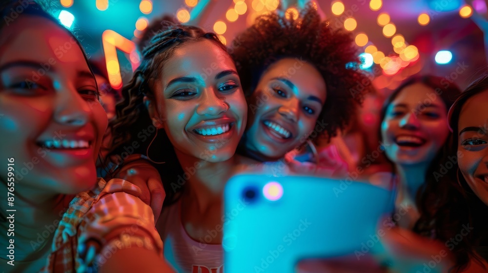 A woman capturing a selfie with her friends and posting it to Instagram on her smartphone while at a party, the group all beaming with joy A woman capturing a selfie with her friends and posting it to Instagram on her smartphone while at a party, the group all beaming with joy