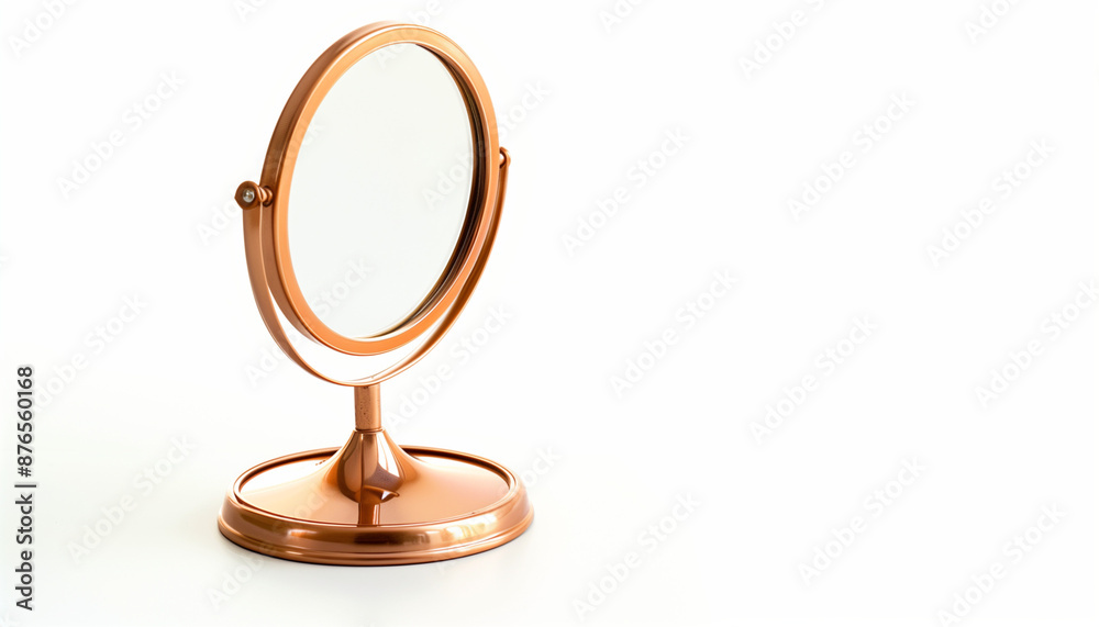 A simple, elegant round makeup mirror with a copper finish, set against a white background. A simple, elegant round makeup mirror with a copper finish, set against a white background.