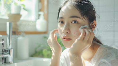 Free Download Young South Korean Woman with Acne Washing Face in Bright Airy Bathroom, Skincare Concept - GFXLoad