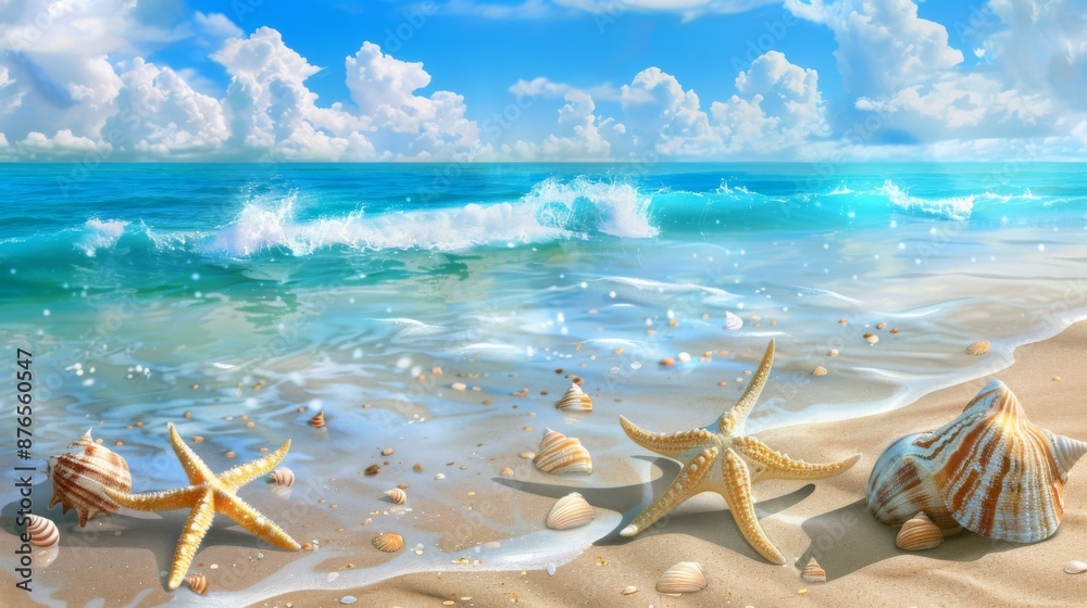 The image showcases a tranquil beach scene featuring scattered starfish and a variety of seashells on the sand with gentle waves in the background under a blue sky. The image showcases a tranquil beach scene featuring scattered starfish and a variety of seashells on the sand with gentle waves in the background under a blue sky.