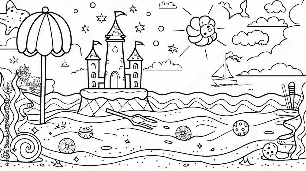 Fototapeta premium A playful beach scene featuring a detailed sandcastle, various sea creatures, vibrant beach toys and a sunny sky with whimsical elements, perfect for kids' themes.