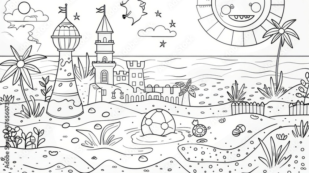 Obraz premium This engaging seashore illustration captures a fantastical scene with a lighthouse and castle, surrounded by nature's beauty and playful, imaginative elements for a dreamy escape.