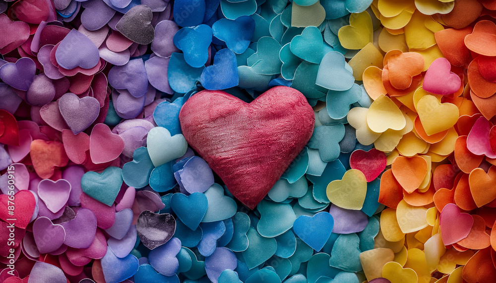 Obraz premium A close-up of colorful paper hearts arranged in a rainbow gradient, with a larger red heart in the center.